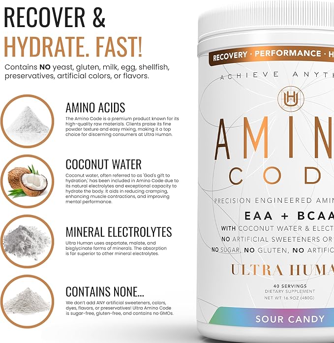 Amino Code | Essential Amino Acids + BCAAs + Coconut Water Electrolytes | Fast Hydration Workout Recovery Flavored Amino Energy Powder Drink | Clean Formula, 40 Servings - Sour Candy