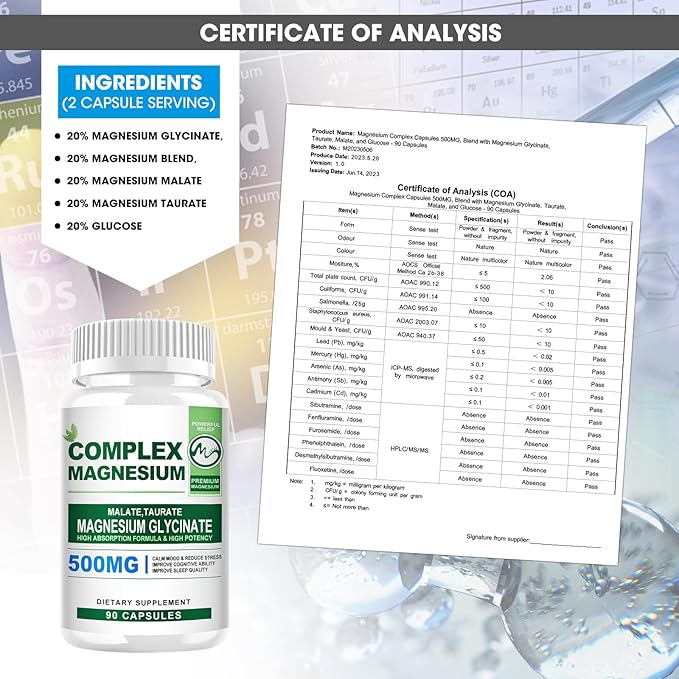 Magnesium Complex Capsules 500MG Blend with Glycinate L-threonate Taurate Malate and Glucose - 90
