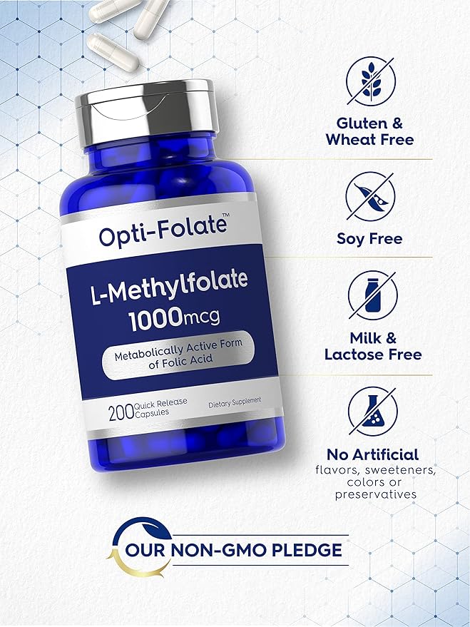Carlyle L Methylfolate 1000mcg | 200 Capsules | Value Size | Optimized and Activated | Non-GMO, Gluten Free | Methyl Folate, 5-MTHF | by Opti-Folate