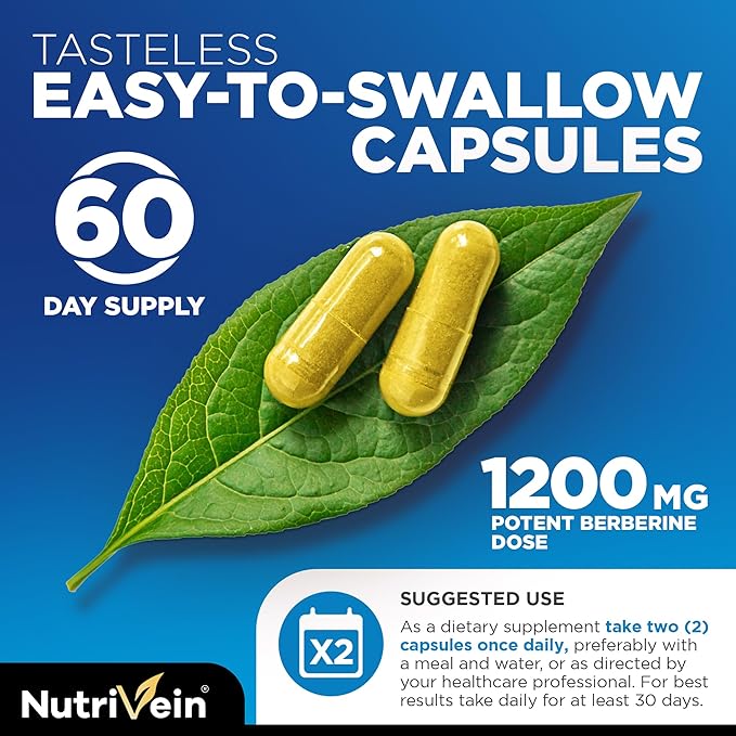 Nutrivein Premium Berberine HCL 1200 mg with Ceylon Cinnamon - 120 Capsules: High-Absorption Berberine Supplement for Defenses, Digestion, & Metabolism