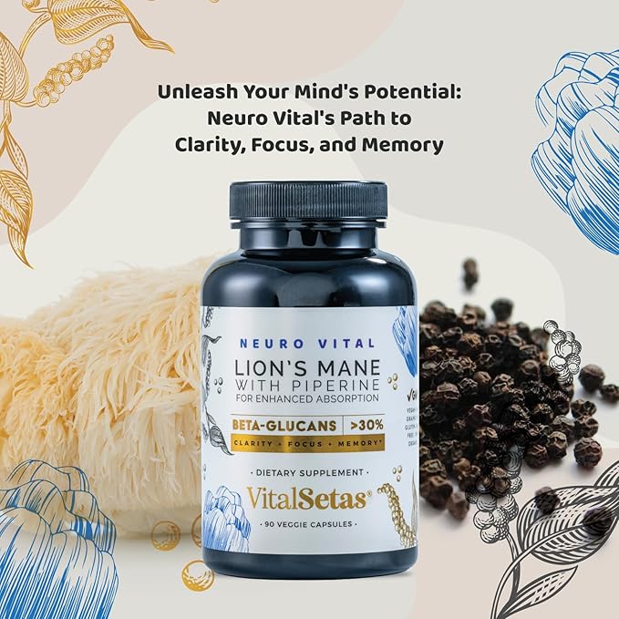 Neuro Vital Lion's Mane & Piperine Brain Supplement - Amplify Focus, Boost Memory, and Enhance Mental Clarity – Lab Tested & Allergen Free - 90 Premium Veggie Capsules for Immune Support