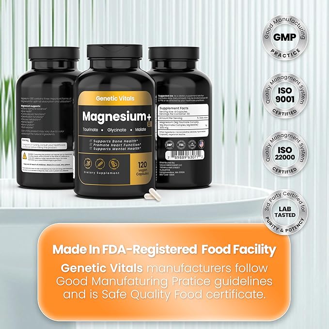 Triple Magnesium Complex 300mg - High Absorption Magnesium Glycinate, Taurate & Malate - Gluten-Free & Vegan - 120 Capsules