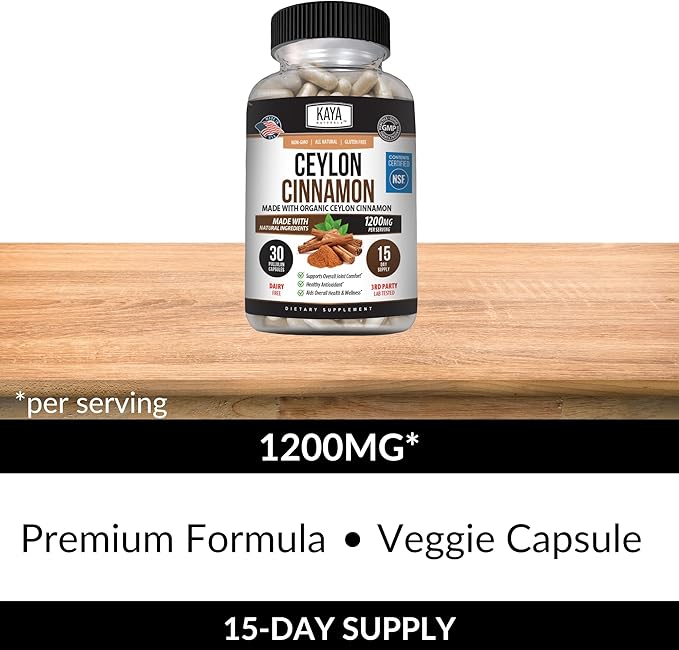 Kaya Naturals Ceylon Cinnamon Supplement | 1200mg per Serving, Vegan - Non-GMO & Gluten Free - 30 Capsules