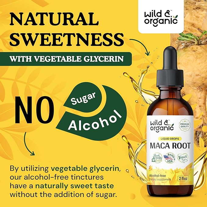 Wild & Organic Maca Root Drops for Women & Men - Mood, Focus, Active Lifestyle - Peruvian Maca Supplement - Vegan, Sugar & Alcohol-Free Tincture - 2 fl oz
