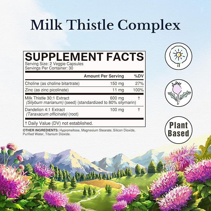 Vitalitown Milk Thistle Complex | 30X Extract & Std. 80% Silymarin | Choline + Dandelion Root + Zinc | Superior Liver & Antioxidant Support | Vegan, Non-GMO, No Dairy | 600 mg | 60 Veggie Caps