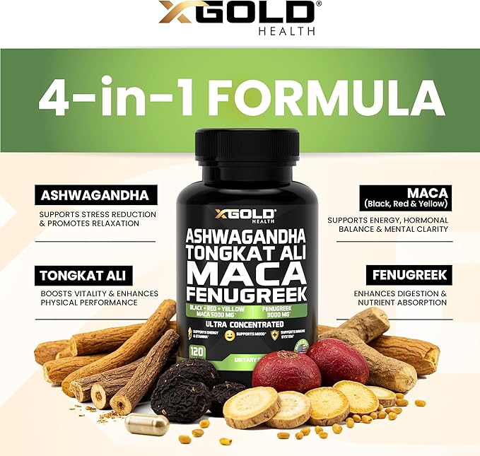 Ashwagandha 5000mg + Tongkat Ali 1000mg + Maca Root 5000mg + Fenugreek 3000mg Supplement | Black + Red + Yellow Maca Root Extract & Fenugreek Herbal Supplements for Men & Women - Made in USA