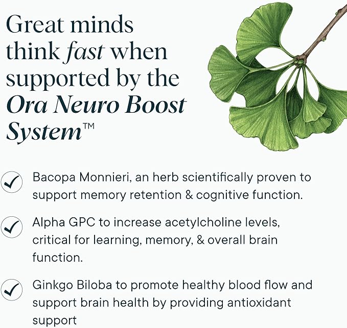 Ora Organic - Brain Health Supplement for Focus, Mental Energy + Memory - Panax Red Ginseng, Bacopa Monnieri, Alpha GPC, & EnXtra - Third-party Tested & Caffeine-free - 60 Capsules