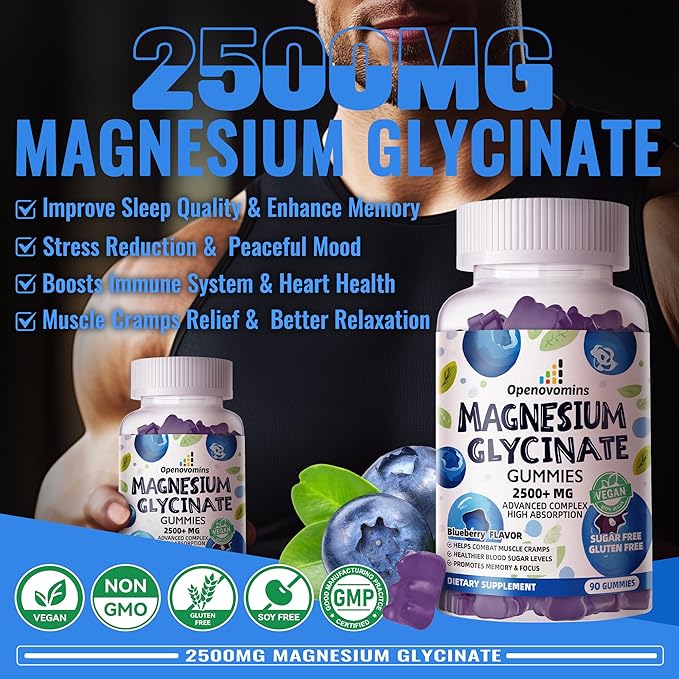 Magnesium Glycinate Gummies 2500mg - Sugar Free Magnesium Potassium Supplement with Vitamin D, B6, CoQ10 for Calm Mood & Sleep Support - 90 Blueberry Gummies