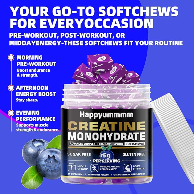 Creatine Monohydrate Soft Chews 5g for Men & Women, Preworkout Gummy with Electrolyte for Muscle Growth, Strength & Energy Support, Blueberry 60 pcs