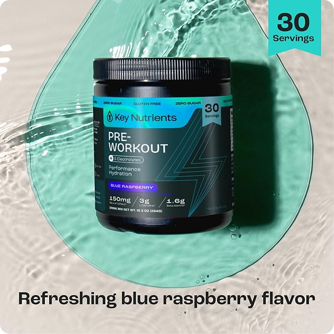 KEY NUTRIENTS Pre Workout Powder with 5 Electrolytes - Blue Raspberry No Sugar - 150mg Caffeine, L-Citrulline, Beta Alanine, L-Tyrosine - Natural Preworkout for Men & Women (30 Servings)