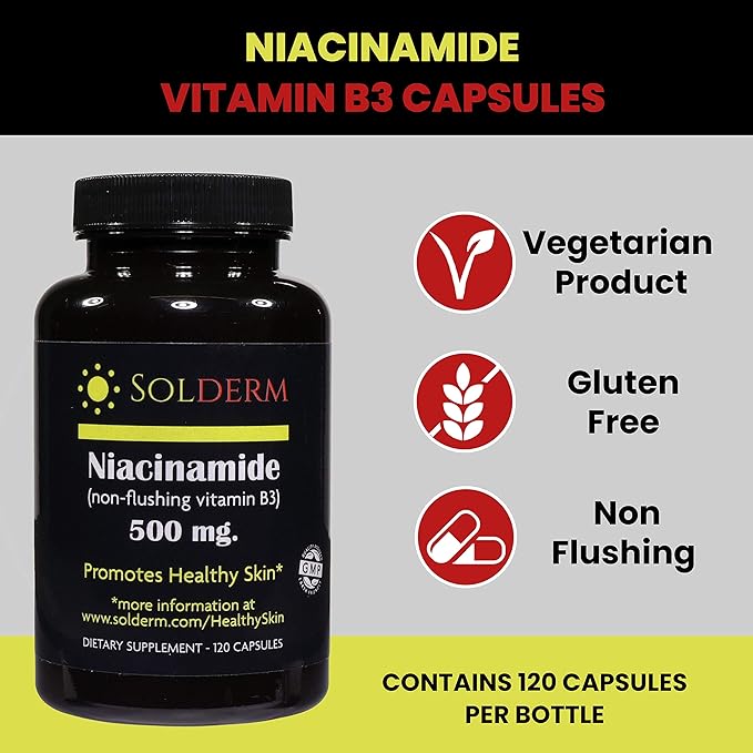 Niacinamide Non-Flushing Vitamin B3 Supplement | Vegetarian and Gluten-Free Vitamin Niacinamide Tablets with Vegetable Cellulose Casings | Promotes Healthy Skin | 120 Capsules | 500mg