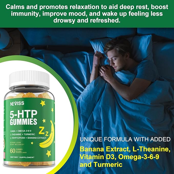 1Pack 5-HTP GABA Gummies - Melatonin Free Calm & Relaxation Gummies w/Banana Extract, L-Theanine, L-Tryptophan, Omega-3-6-9 for Health Rest Cycle & & Circadian Rhythm, Natural Zzzs, Brain Relax