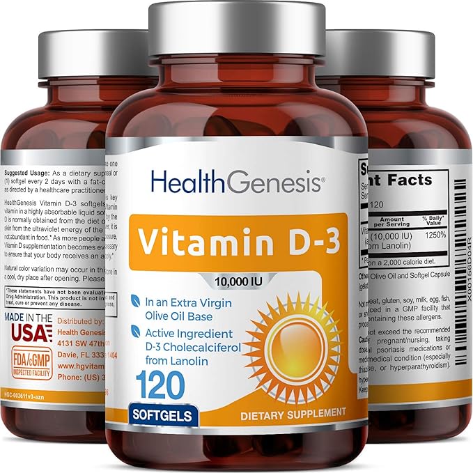 Vitamin D-3 10000 IU 120 Softgels - High-Potency in Extra Virgin Olive Oil Non-GMO Soy-Free Supports Strong Bones Immune Health