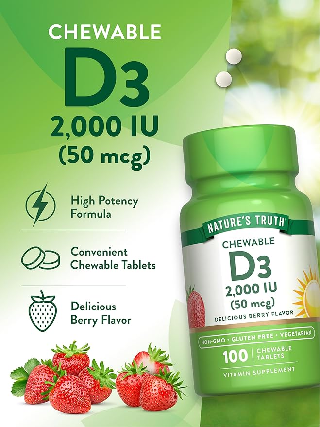 Nature's Truth Chewable Vitamin D3 2,000 IU | 100 Tablets | Berry Flavor | Vegetarian, Non-GMO, & Gluten Free Supplement