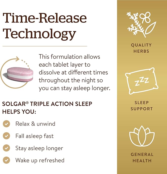 Solgar Triple Action Sleep, 60 Tri-Layer Tablets - Time-Release Melatonin & L-Theanine Plus Herbal Blend - Helps You Relax, Fall Asleep Fast & Stay Asleep Longer - Non-GMO, Gluten Free - 60 Servings