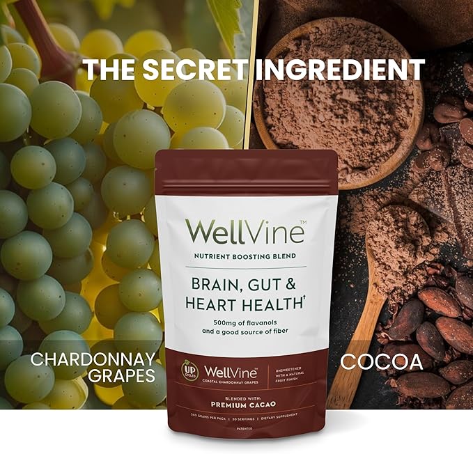 Nutrition Boosting Blend Supplement Powder for Brain, Gut & Heart Health | 100% Upcycled Chardonnay Grapes with Cocoa Flavanols| Plant-Based, Gluten and Allergen-Free for Men & Women | 12.7Oz