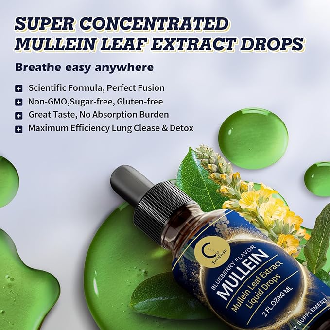 Mullein Leaf Extract Drops for Lungs - Lung Cleanse & Detox, Pure Mullein Leaf Liquid Drops, Support for Respiratory, Immune, Digestive System, Vegan, Non-GMO, Blueberry Flavor, 2 FL OZ