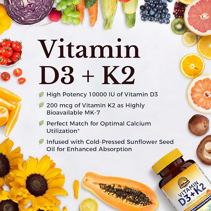 Vitalitown Vitamin D3 K2 Supplement, Vitamin D3 10000 IU Vitamin K2 (MK7) 200 mcg, 90 Softgels, Non-GMO, No Gluten & Soy, for Bone, Teeth, Immune, Heart & Muscle Health