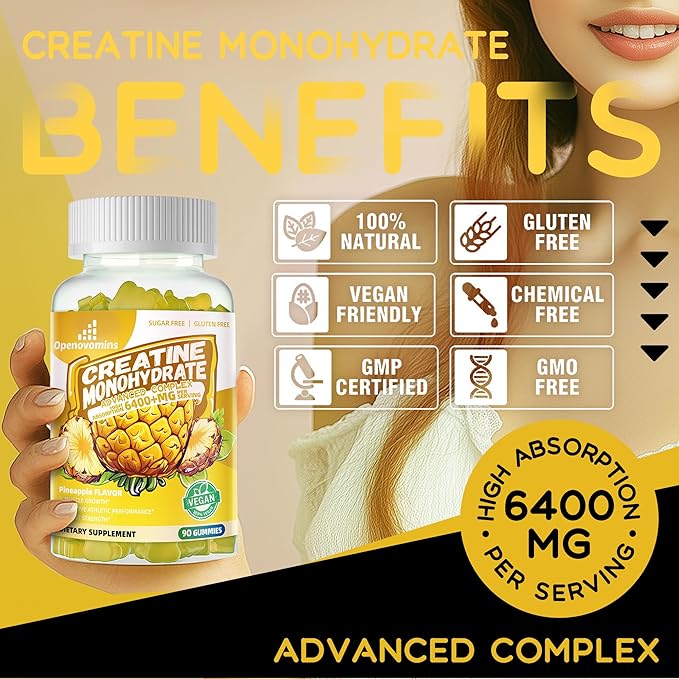 Creatine Monohydrate Gummies Complex for Men & Women -Advanced Formula W/L-Taurine + Vitamin B12, Sugar Free Chewable Supplement,90 Pineapple Gummies