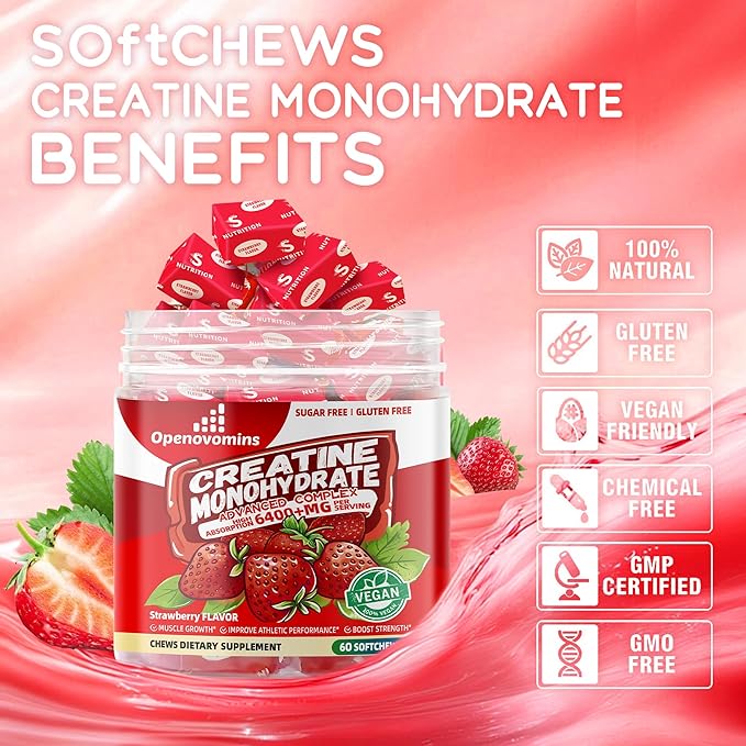 Creatine Monohydrate Soft Chews Complex 6400mg for Men & Women -Advanced Formula W/L-Taurine + Vitamin B12, Sugar Free Chewable Supplement,60 Strawberry Softchews