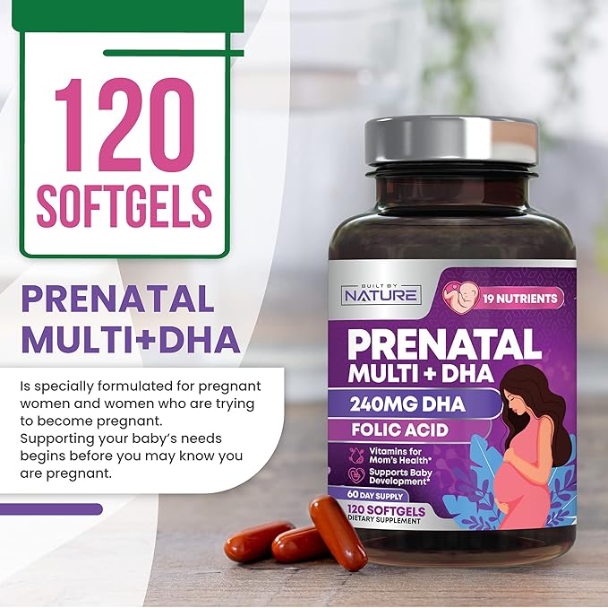 Prenatal Vitamins for Women - Multivitamin with DHA, Folic Acid, Vitamin C, B12, Iron & Omega-3 - Before, During & Post Pregnancy Supplement for Healthy Growth & Brain Development - 120 Softgels