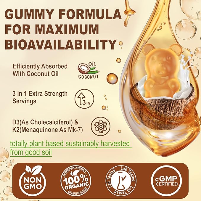 Vitamin D3 5000iu & K2( as MK7 ) 200mcg Gummies + 600mg Calcium, with Coconut Oil for High Absorption, Maximum Strength Vitamin D3 K2 Supplement - Support for Bones Muscle Teeth Immune, Vegan 60 Count