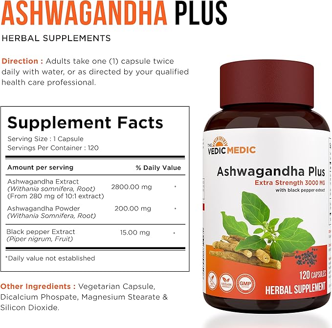 Organic Ashwagandha Capsules Extra Strength 3000mg with Black Pepper Extract - Stress Relief, Mood Enhancer, Energy Support - Non-GMO, Vegan, Gluten Free (120)