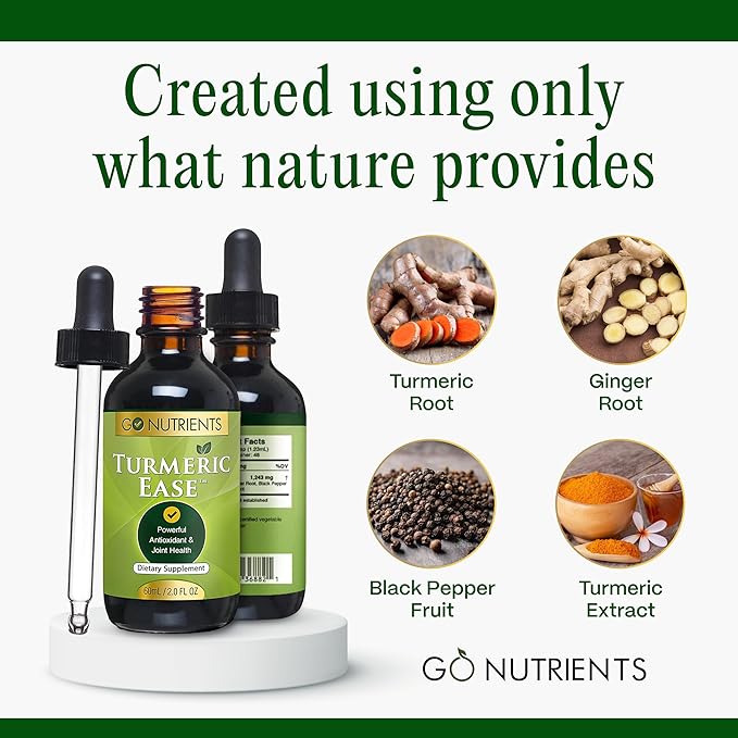 Go Nutrients Turmeric Ease - Organic Turmeric Supplement with Curcumin, Ginger & Black Pepper – Liquid Drops Extract Tincture for Quick Absorption – Supports Joint Health & Immune Defense – 2oz
