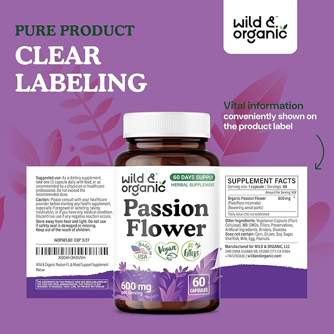 Wild & Organic Passion Flower Capsules 600 mg - Relaxation & Mood Support - Passionflower Extract Supplement - Passiflora Incarnata Herb - Vegan, No Fillers, Non-GMO - 60 Count