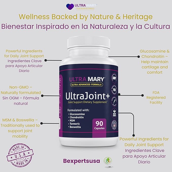 UltraMary+ Joint Support w/Glucosamine, Chondroitin, MSM, Turmeric & Boswellia – Mobility & Flexibility – 90 Capsules – Suplemento Articulaciones – Made in USA – Advanced Formula