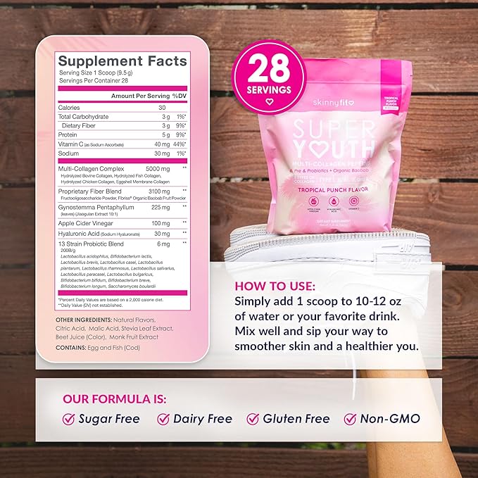 SkinnyFit Super Youth Tropical Punch Multi-Collagen Peptides + Probiotics, Baobab Fiber, Apple Cider Vinegar, Hyaluronic Acid, & Vitamin C, Skin, Hair, Joint & Metabolism Support, 30 Servings