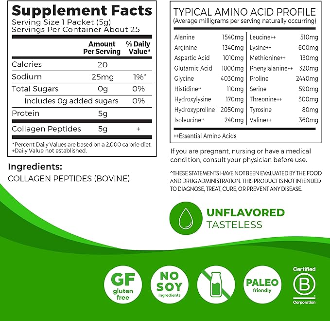 Orgain Hydrolyzed Collagen Peptides Travel Packets For Women & Men - 5g Grass Fed Collagen Per Serving, Hair, Skin, Nail & Joint Support Supplement, Non-GMO, Type I & III - Unflavored (25 Count)