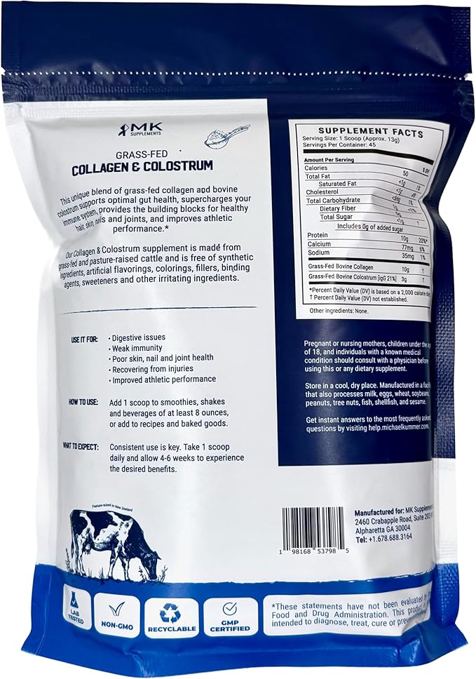 MK Supplements Grass-Fed Collagen & Colostrum Supplement, 45 Servings, Non-GMO, Gluten Free, Supports Gut Health, Immunity, Hair, Skin, Nails, Joints
