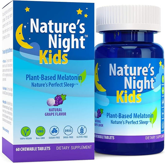 Nature's Night Kids | Plant Based Melatonin 1MG | Natural Grape Flavor | 60 Chewable Tablets | Gluten Free | Non-GMO | Drug Free | Vegan | 100% Natural |