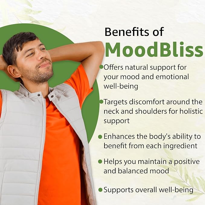 MoodBliss Mood Support Supplement, USA-Made USDA Organic Plant-Based Superfood for Stress Relief, Calm Mind & Body w/St John’s Wort Rhodiola Ashwagandha Valerian Medicinal Oils & More 60 ct