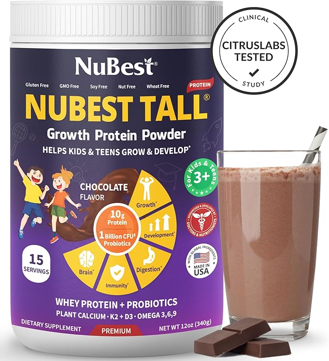 NuBest Tall Protein Powder for Kids & Teens - Chocolate Protein Powder Shake - Protein Drink with Probiotics, Omega 3-6-9, Vitamin D3 + K2, Calcium, Vitamins - Bone Strength and Immunity - Pack 4