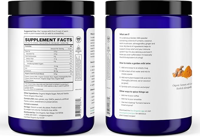 Ora Organic Golden Milk Powder - Ayurvedic Turmeric Powder with Organic Adaptogens - Ashwagandha, Reishi and Ginger | Organic, Gluten-Free, Soy-Free, Vegan, Non-GMO - Maple & Vanilla, 30 Servings