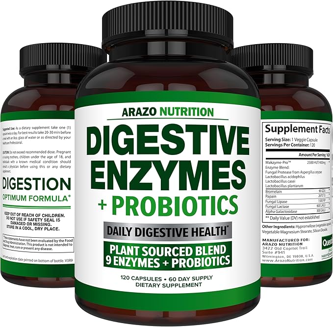 Digestive Enzymes with Probiotics - Multi Enzyme Nutritional Supplement - Acidophilus Bromelain Papaya Papain Lipase & Lactase - Improve Digestion - 120 Pills - Arazo Nutrition