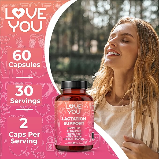 Love You Lactation Support – 2,000 mg Per Serving – Goat’s Rue, Fenugreek, Milk Thistle, Fennel, Nettle Root & Moringa Leaf – 60 Vegan Capsules – 30-Day Supply – Herbal Formula