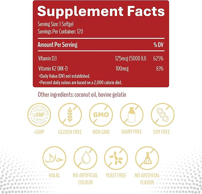 KEN Liposomal Vitamin D3 5000 IU + K2 (MK7) 100mcg, Bone Support Supplement, Enhanced Calcium Absorption, Supports Immune Function, Coconut Oil, No Seed Oil, Non-GMO 120 Halal Bovine Softgels