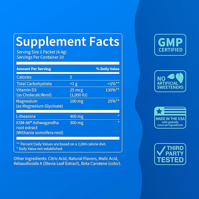 Supercalm Powdered Drink Mix, Tropical Tangerine, L Theanine, Ksm-66 Ashwagandha, Magnesium Glycinate, Vitamin D 3, Supplements for Relaxation & Focus, Natural, No Sugar, Non GMO, 20 Srvg