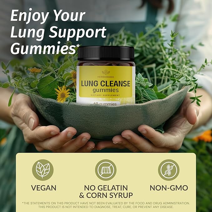 HERBAMAMA Lung Detox Gummies - Herbal Complex with Mushroom Blend for Lung Cleanse - Vegan, Non-GMO Respiratory Support Supplement - 60 Pectin-Based Apple-Flavored Chews