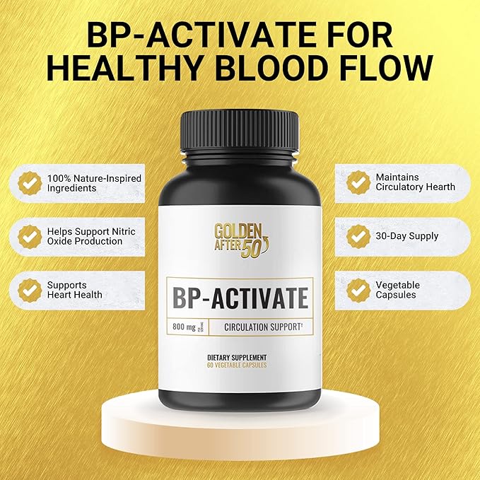 Golden After 50 BP-Activate - Nitric Oxide Supplement with Essential Amino Acids - Blood Circulation and Heart Health Support Supplement - 3 Bottles - 800mg L Arginine, AAKG, L Citrulline