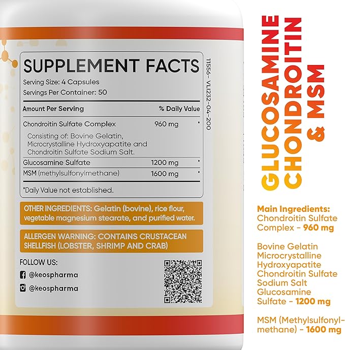 MSM Glucosamine Chondroitin MSM Capsules 200x pcs Joint Support Supplement 50 Days Supply - Chondroitin & Glucosamine Nutritional Supplements Convenient Dosage Triple Strength Formula