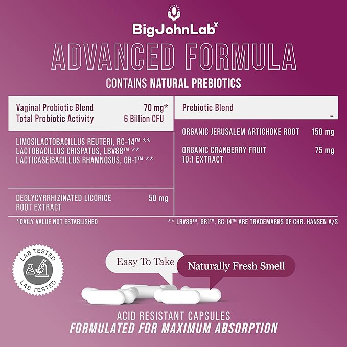 BIGJOHNLAB® - Women’s Vaginal Probiotics – PH Balance, Odor Control, Yeast, Microbiome & Feminine Health – 6B CFU, Licorice Root – Clinically Tested for Freshness & Balance – 30 CT