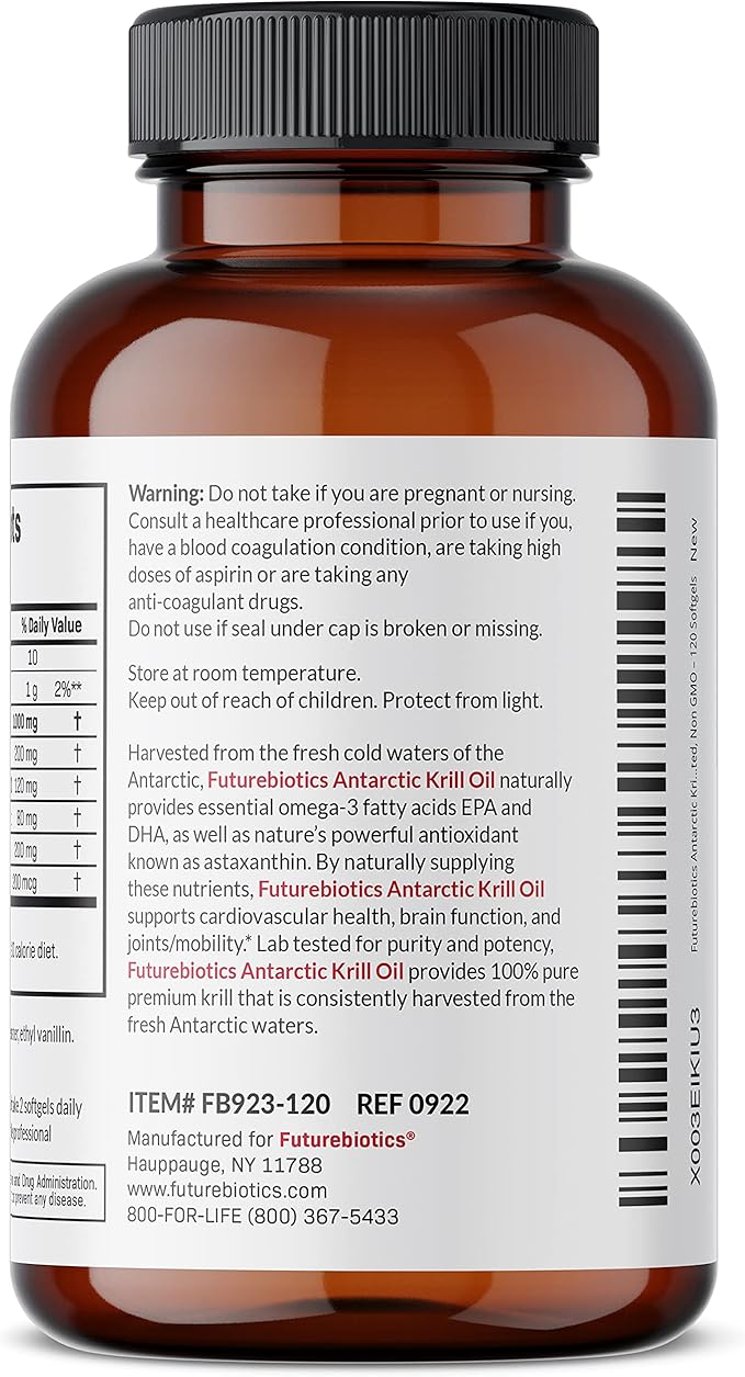 Futurebiotics Antarctic Krill Oil 1000mg with Omega-3s EPA, DHA, Astaxanthin and Phospholipids - Premium Krill Oil Heavy Metal Tested, Non GMO – 120 Softgels (60 Servings)