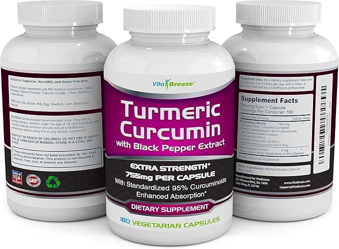 Turmeric Curcumin Complex with Black Pepper Extract - 755mg per Capsule, 180 Veg. Caps - Contains Piperine (for Superior Absorption and Tumeric Bio-Availability) and 95% Standardized Curcuminoids