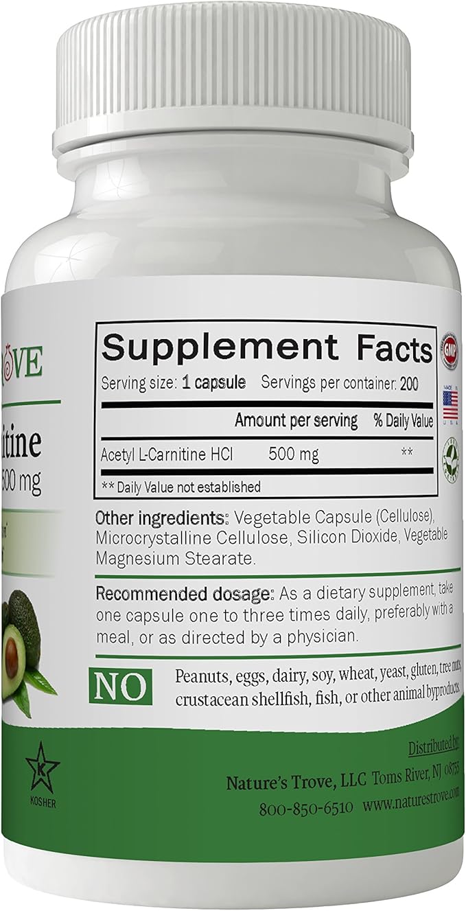 Nature's Trove Acetyl L-Carnitine (ALCAR) 500 mg 200 Vegetarian Capsules