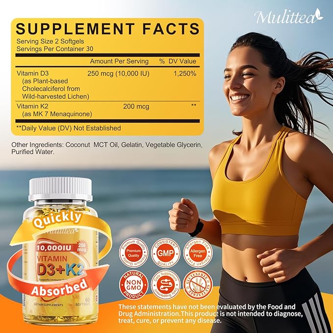3 in 1 Vitamin D3 K2 Softgels with Natural MCT, 10000 IU - Vitamin D Plus MK-7 200mcg, No Fillers, Non-GMO for Immune Support, Bone & Heart Health, Plant-Based Ultimate Absorption, 1 Months Supply