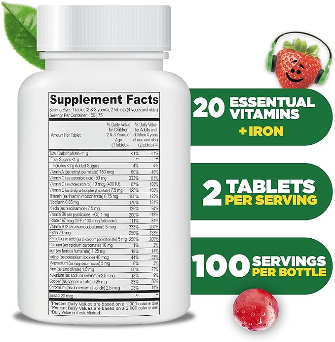 Lifeable Multivitamin & Multimineral with Iron Chewables for Kids – Vegetarian – Gluten Free Vegetarian – Great Tasting - Natural Flavored Pectin Chews with Vitamins A, B, C, D & E – 150 Count